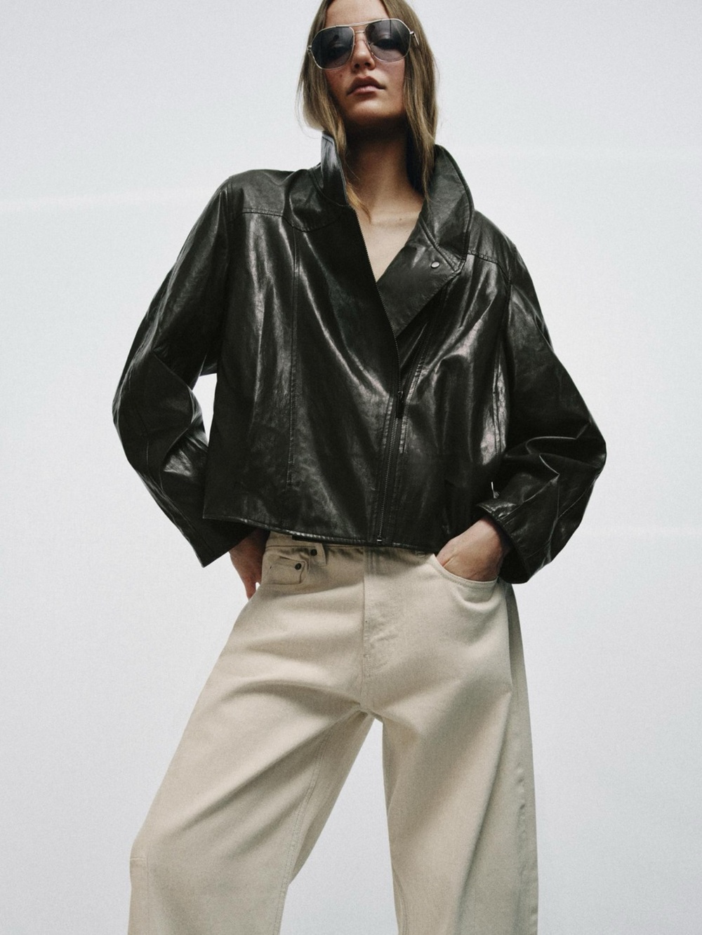 Zara Grey High Collar Faux Leather Jacket